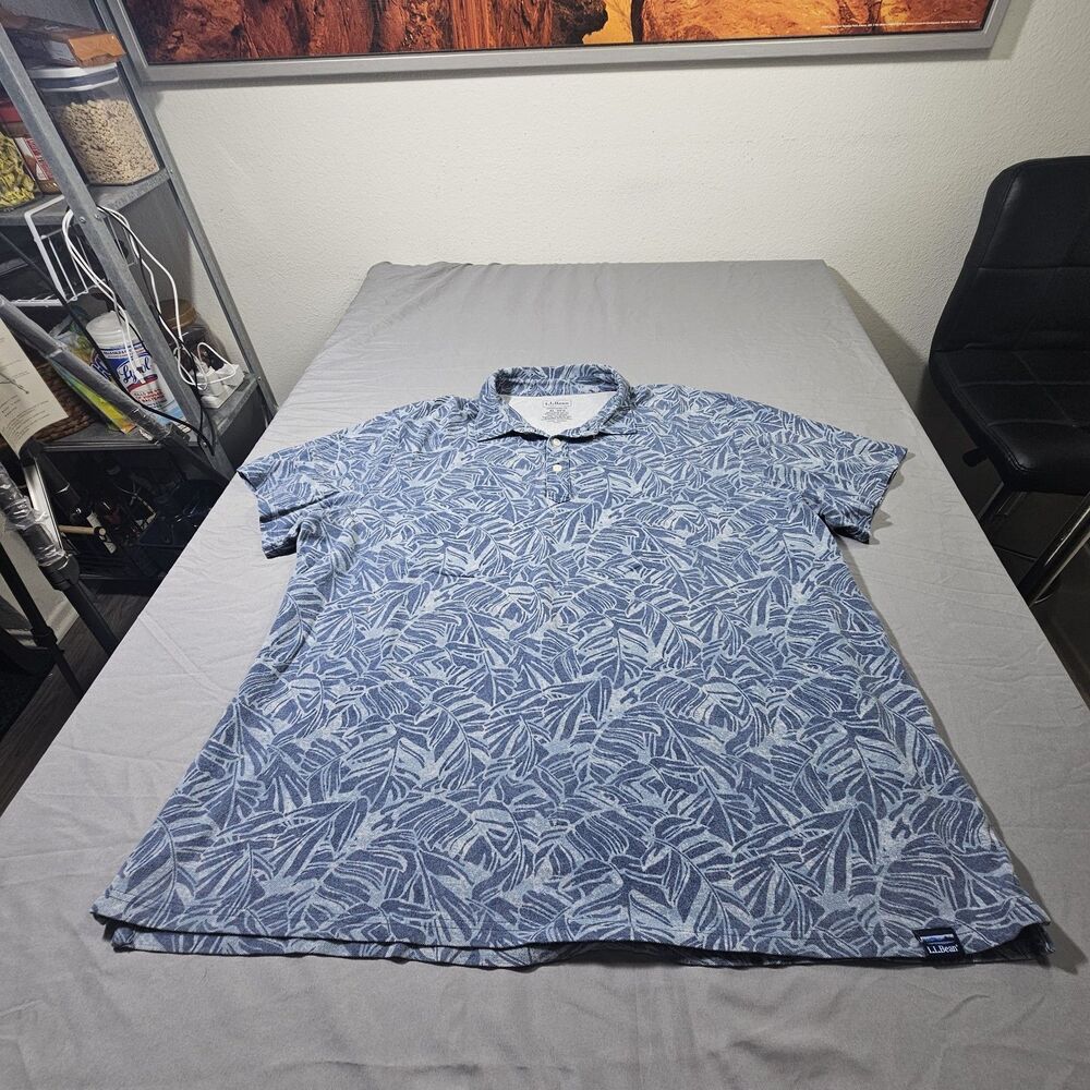 L.L. Bean Polo Shirt Mens XL Regular Blue Tropical Monstera Palm Leaf Pique Knit